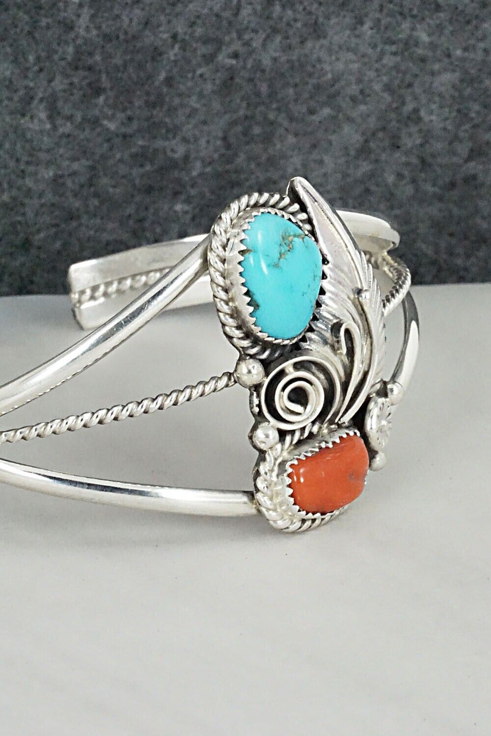 Turquoise, Coral and Sterling Silver Bracelet - Leonard Spencer