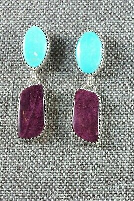 Navajo Turquoise & Spiny Oyster Sterling Silver Earrings - Alvin Joe - High Lonesome Trading