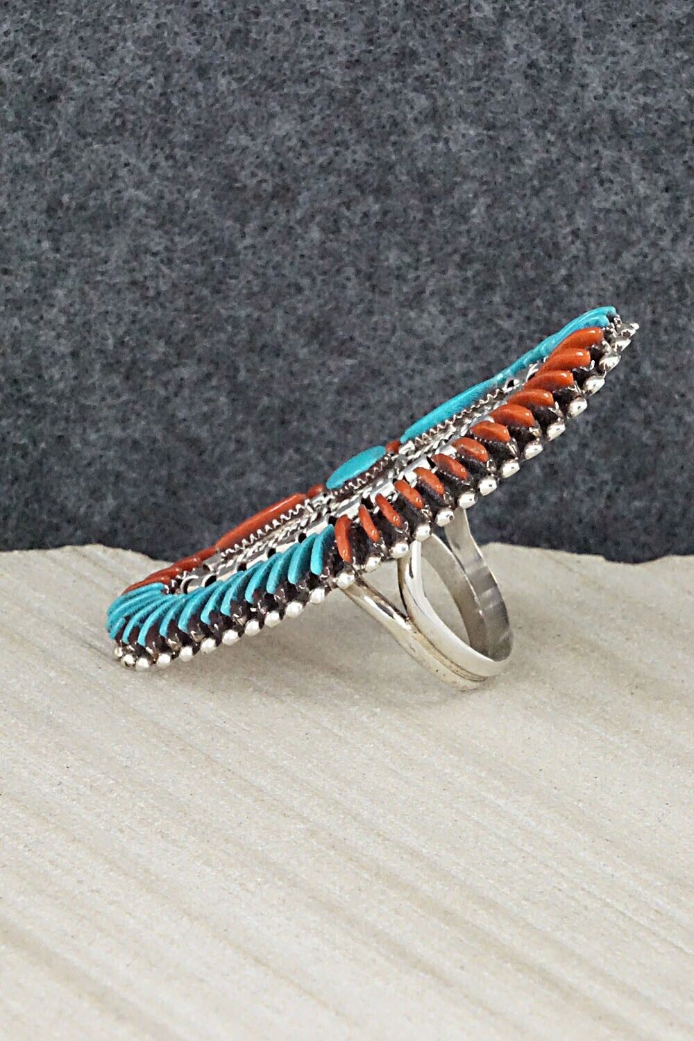 Turquoise, Coral & Sterling Silver Ring - Edmund Cooeyate - Size 7.5