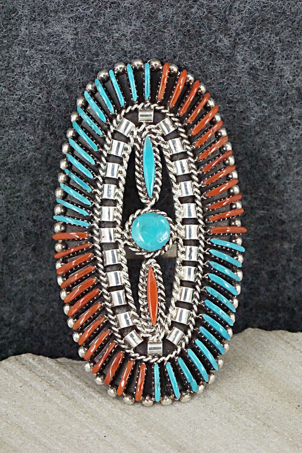 Turquoise, Coral & Sterling Silver Ring - Edmund Cooeyate - Size 7.5