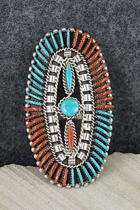 Turquoise, Coral & Sterling Silver Ring - Edmund Cooeyate - Size 7.5