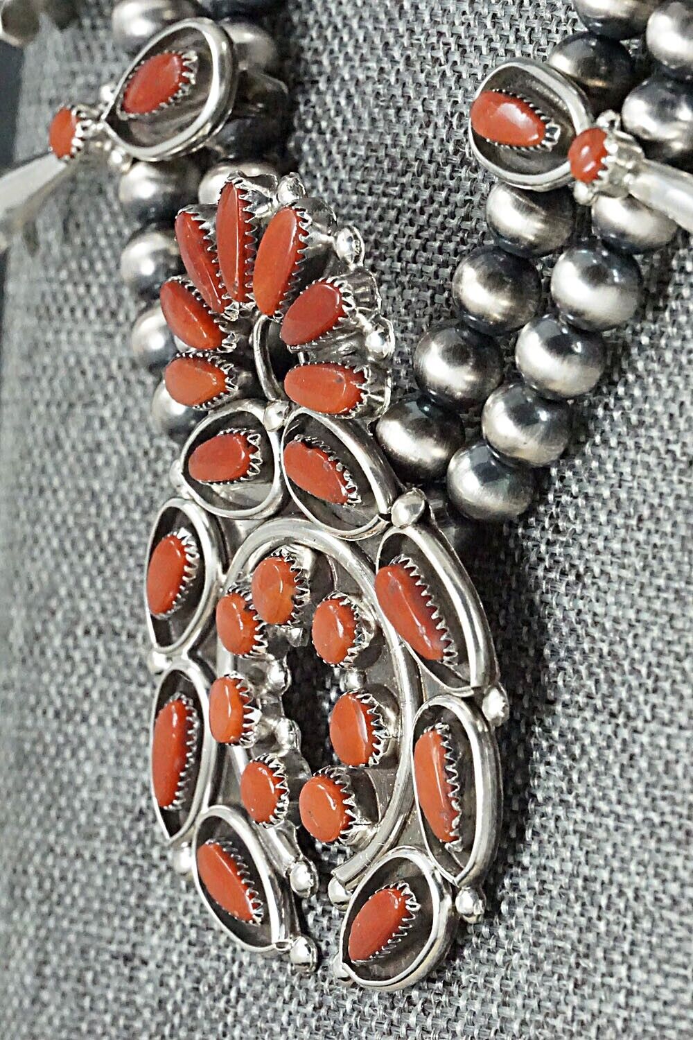Coral & Sterling Silver Squash Blossom Set - Viola Bobelu