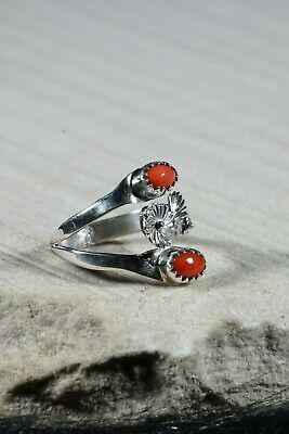 Navajo Coral and Sterling Silver Ring - Roger Pino - Size 7.5 - High Lonesome Trading