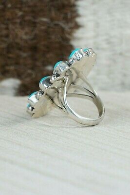 Zuni Inlay Turquoise, Coral and Sterling Silver Ring - Leslie Lamy - Size 6.5