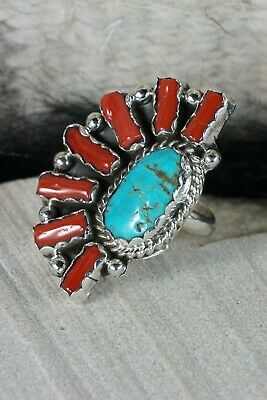 Navajo Turquoise, Coral and Sterling Silver Ring - Spencer - 6 - High Lonesome Trading