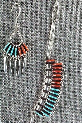 Zuni Turquoise, Coral & Sterling Silver Necklace & Earrings - Edmund Cooeyate