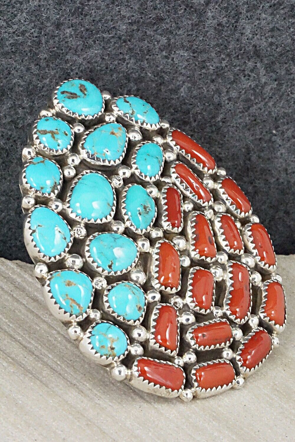 Coral, Turquoise & Sterling Silver Ring - Marlene Haley - Size 7 (adj.)