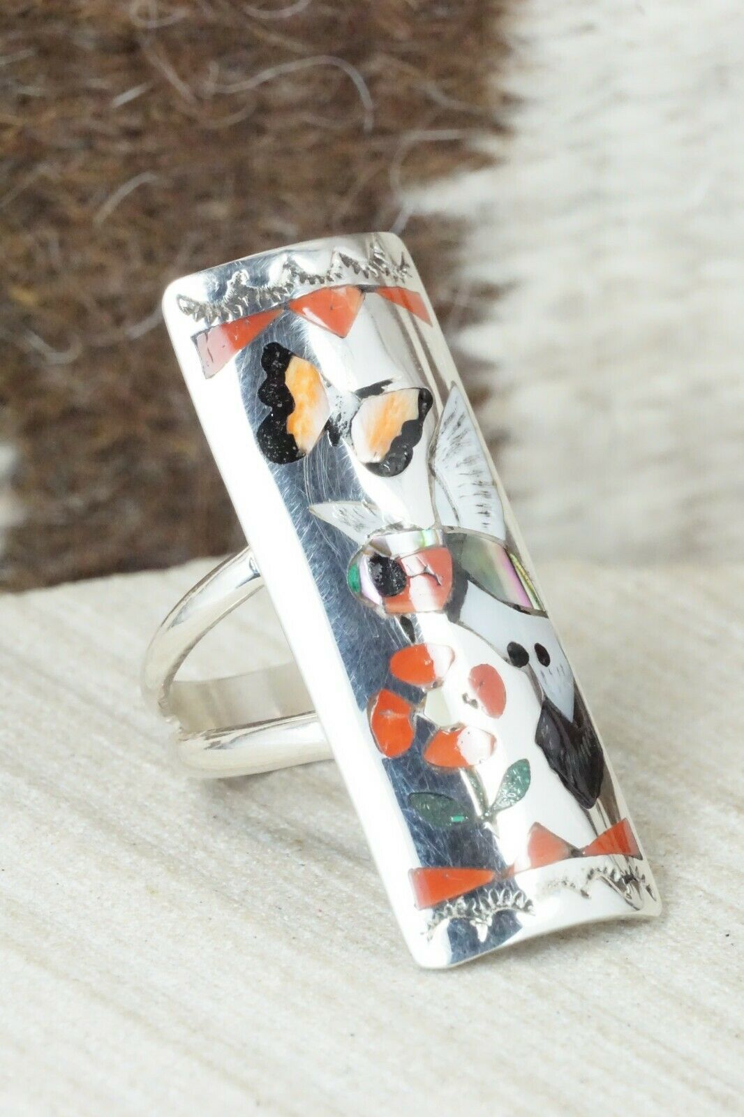 Multi Stone Inlay & Sterling Silver Ring - Quintin Quam Sr - Size 6.75