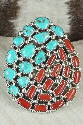 Coral, Turquoise & Sterling Silver Ring - Marlene Haley - Size 5.25