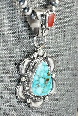 Turquoise, Coral Pendant & Sterling Silver Necklace - Tom Lewis