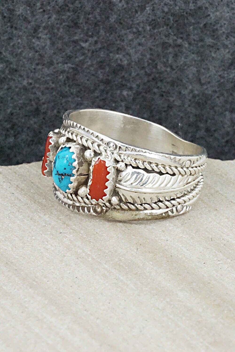 Turquoise, Coral and Sterling Silver Ring - Betty Begay - Size 12