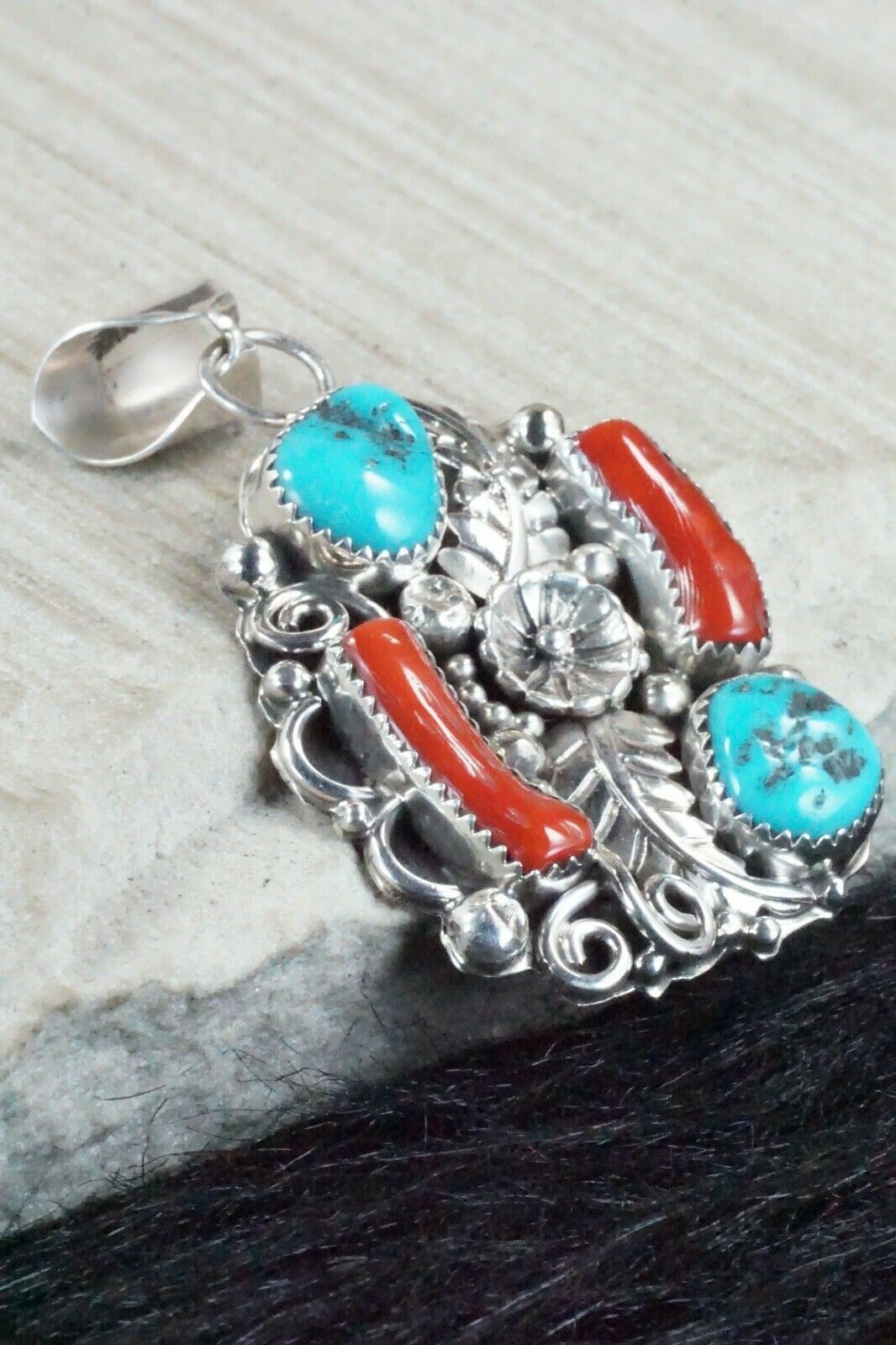Turquoise, Coral & Sterling Silver Pendant - Shirley Largo