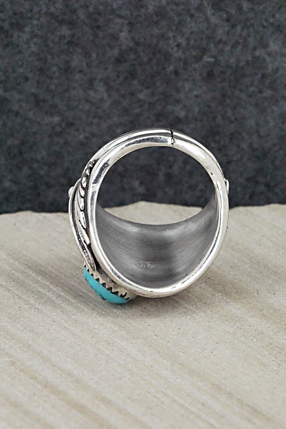 Turquoise, Coral & Sterling Silver Ring - Jeannette Saunders - Size 9.25