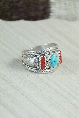 Turquoise, Coral and Sterling Silver Ring - Harrison & Betty Begay - 9.5 - High Lonesome Trading