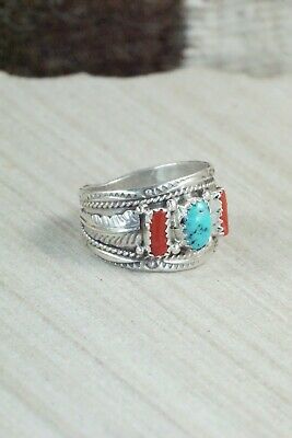 Turquoise, Coral and Sterling Silver Ring - Harrison & Betty Begay - 9.5