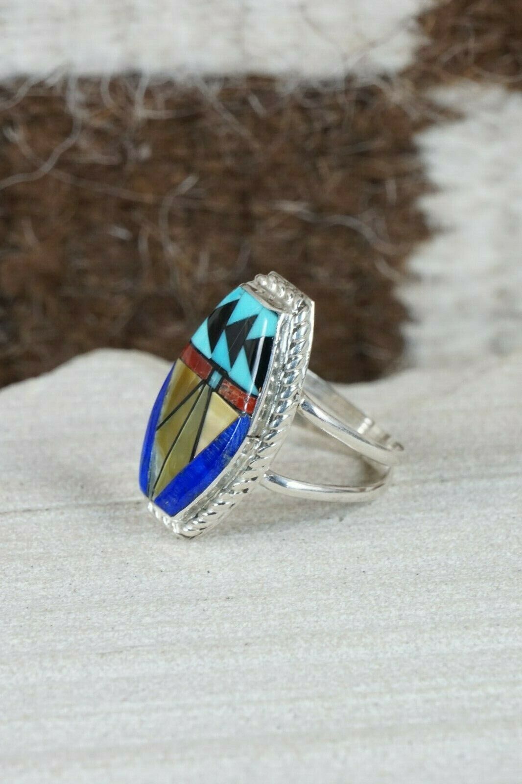 Zuni Inlay Multi- Stone and Sterling Silver Ring - Ola Eriacho - Size 6.75 - High Lonesome Trading