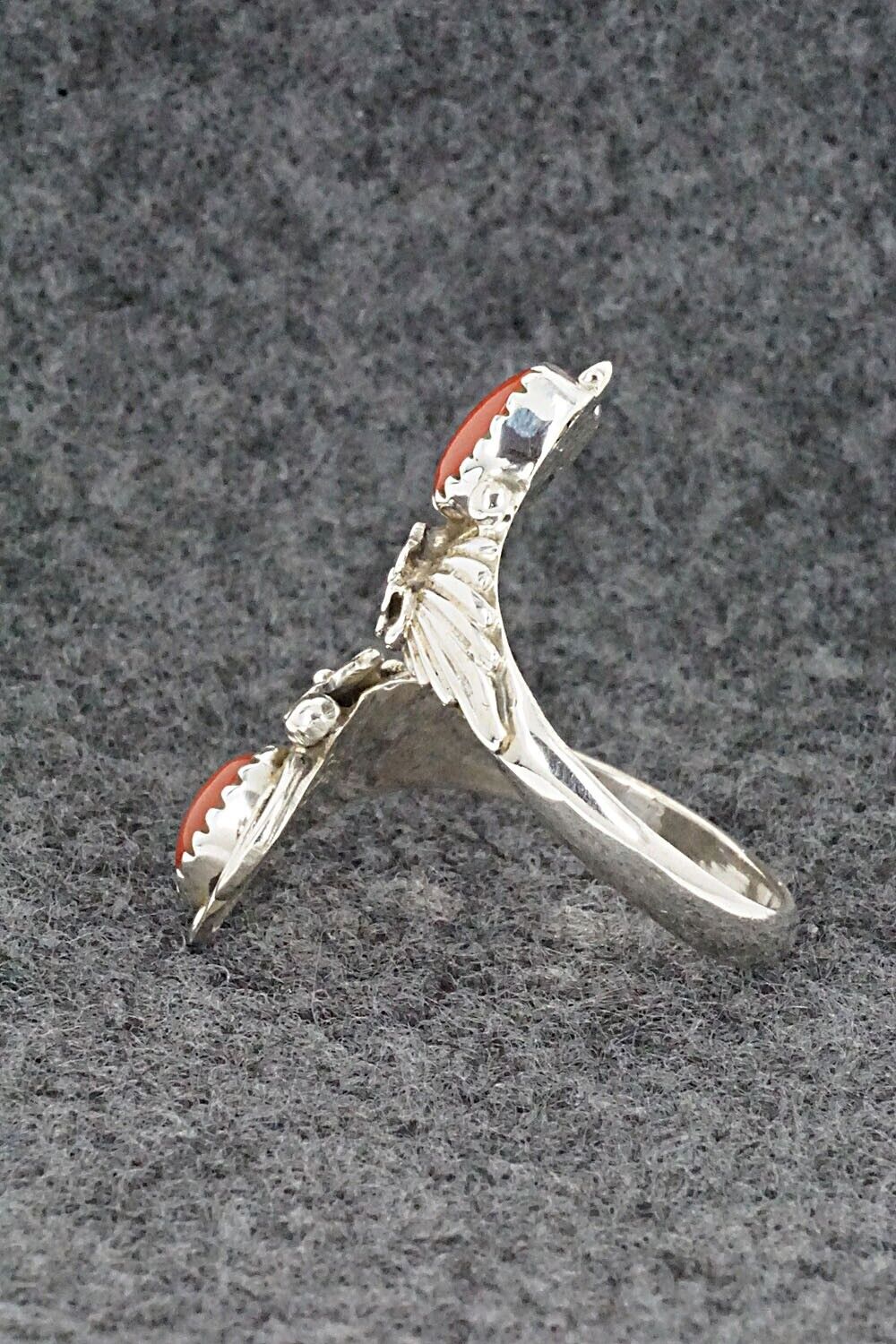 Coral and Sterling Silver Ring - Etta Belin - Size 9.5