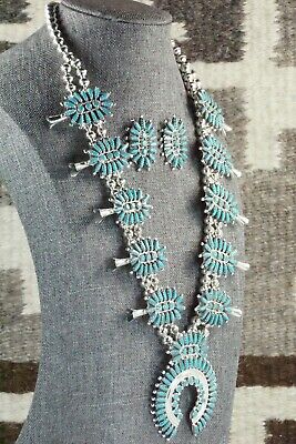 Turquoise & Sterling Silver Squash Blossom and Earrings - Nathaniel Nez