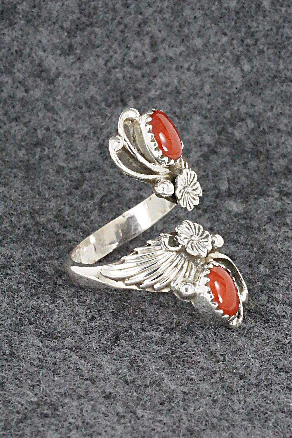 Coral and Sterling Silver Ring - Etta Belin - Size 6.5