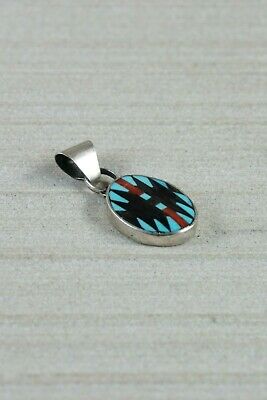 Zuni Inlay Turquoise & Coral Sterling Silver Pendant - Charlotte Dishta - High Lonesome Trading