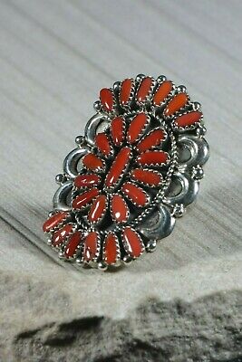 Navajo Coral and Sterling Silver Ring - Justina Wilson - Size 8 - High Lonesome Trading