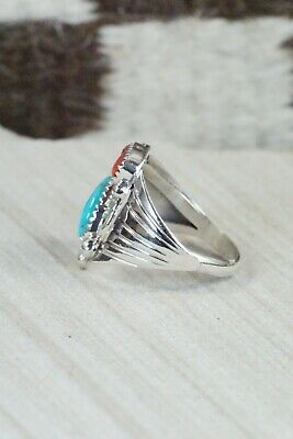 Navajo Turquoise, Coral & Sterling Silver Ring - Jeanette Saunders - Size 11