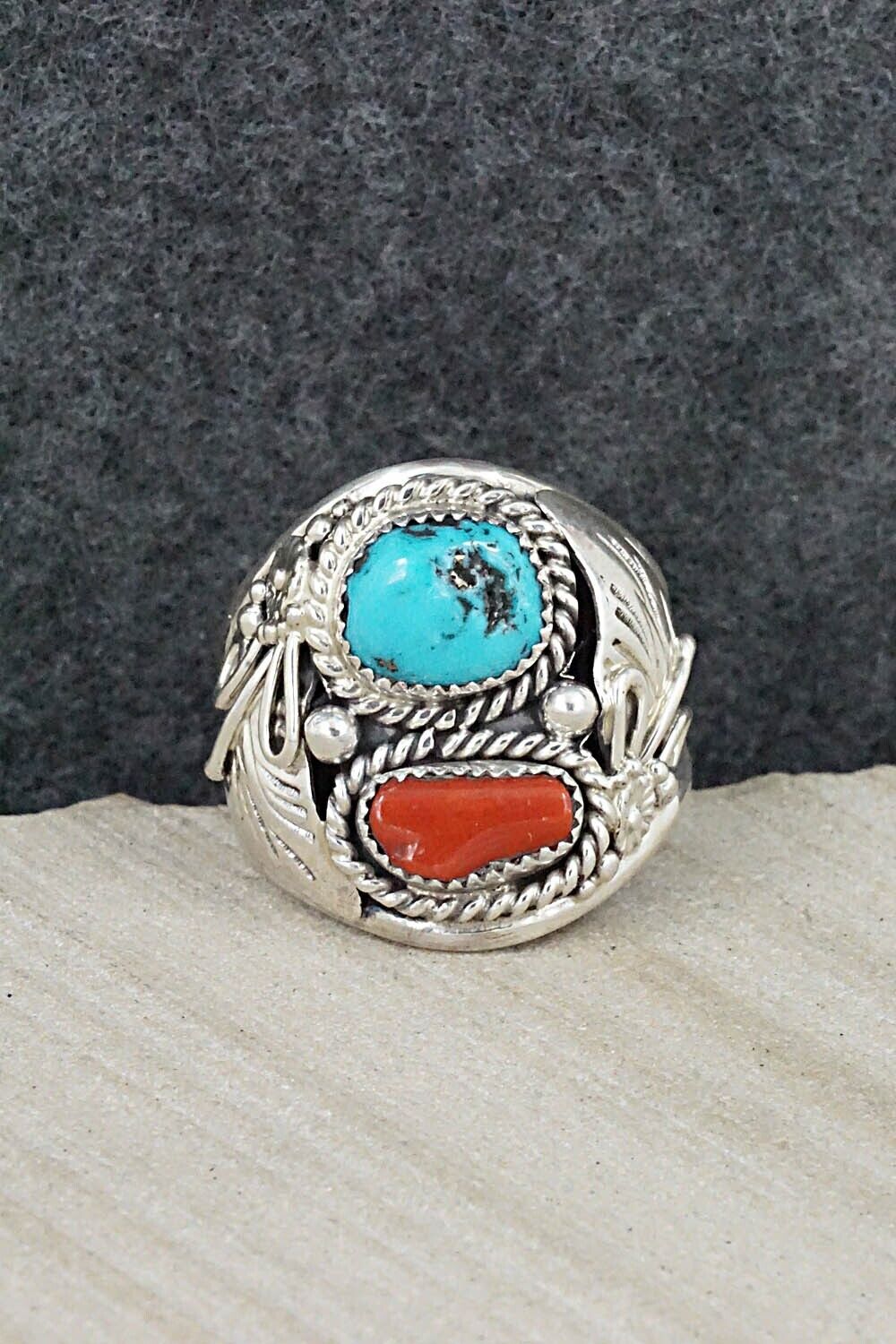 Turquoise, Coral & Sterling Silver Ring - Leonard Spencer - Size 12