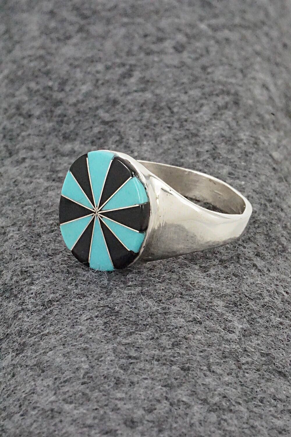 Turquoise, Onyx & Sterling Silver Ring - Johnson Laweka - Size 10.5