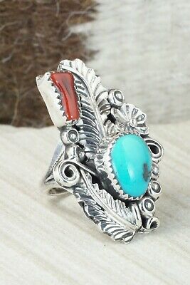 Turquoise, Coral & Sterling Silver Ring - Harry Yazzie - Size 6.5