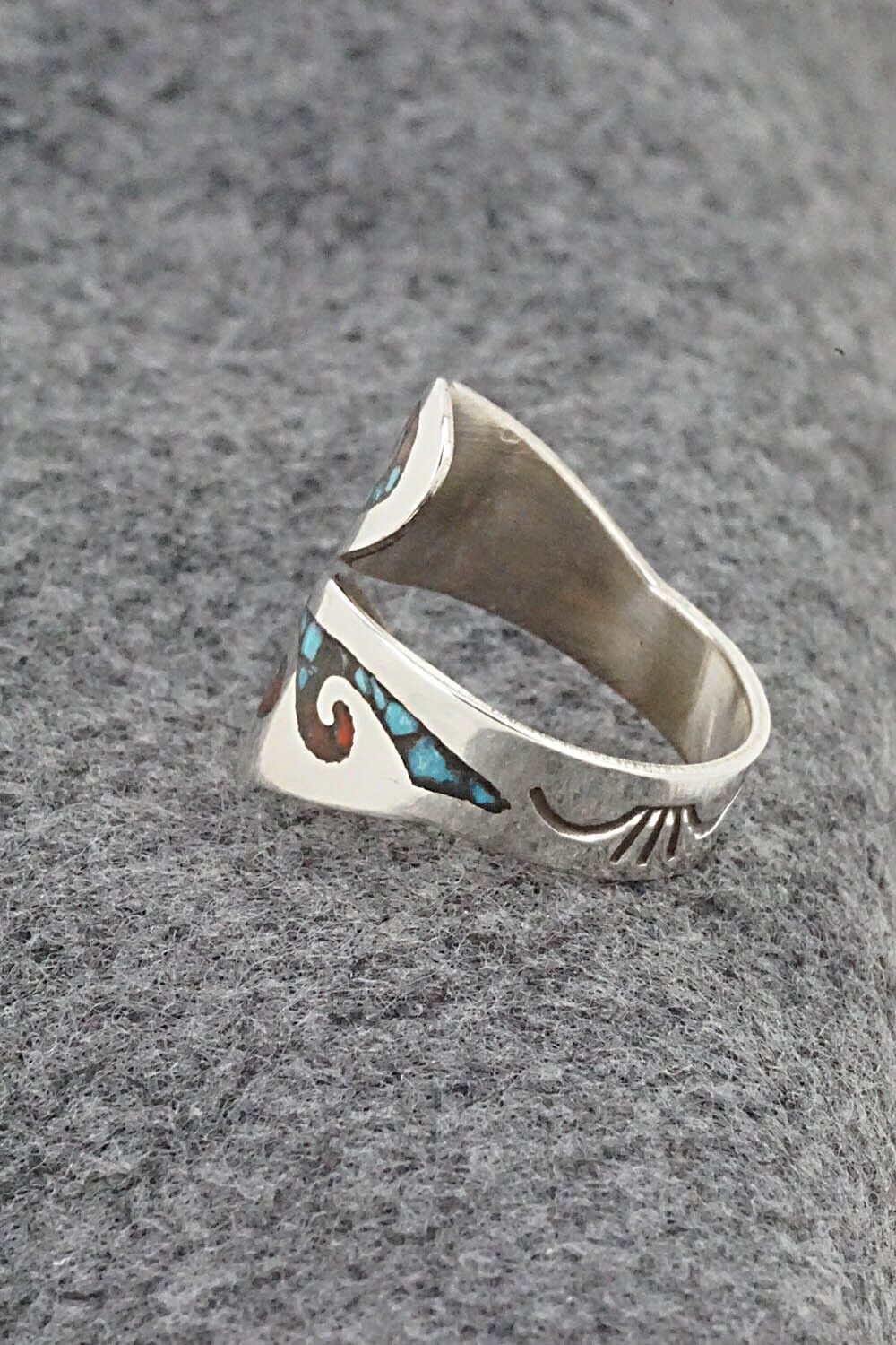 Turquoise, Coral & Sterling Silver Ring - Jolene Yazzie - Size 8
