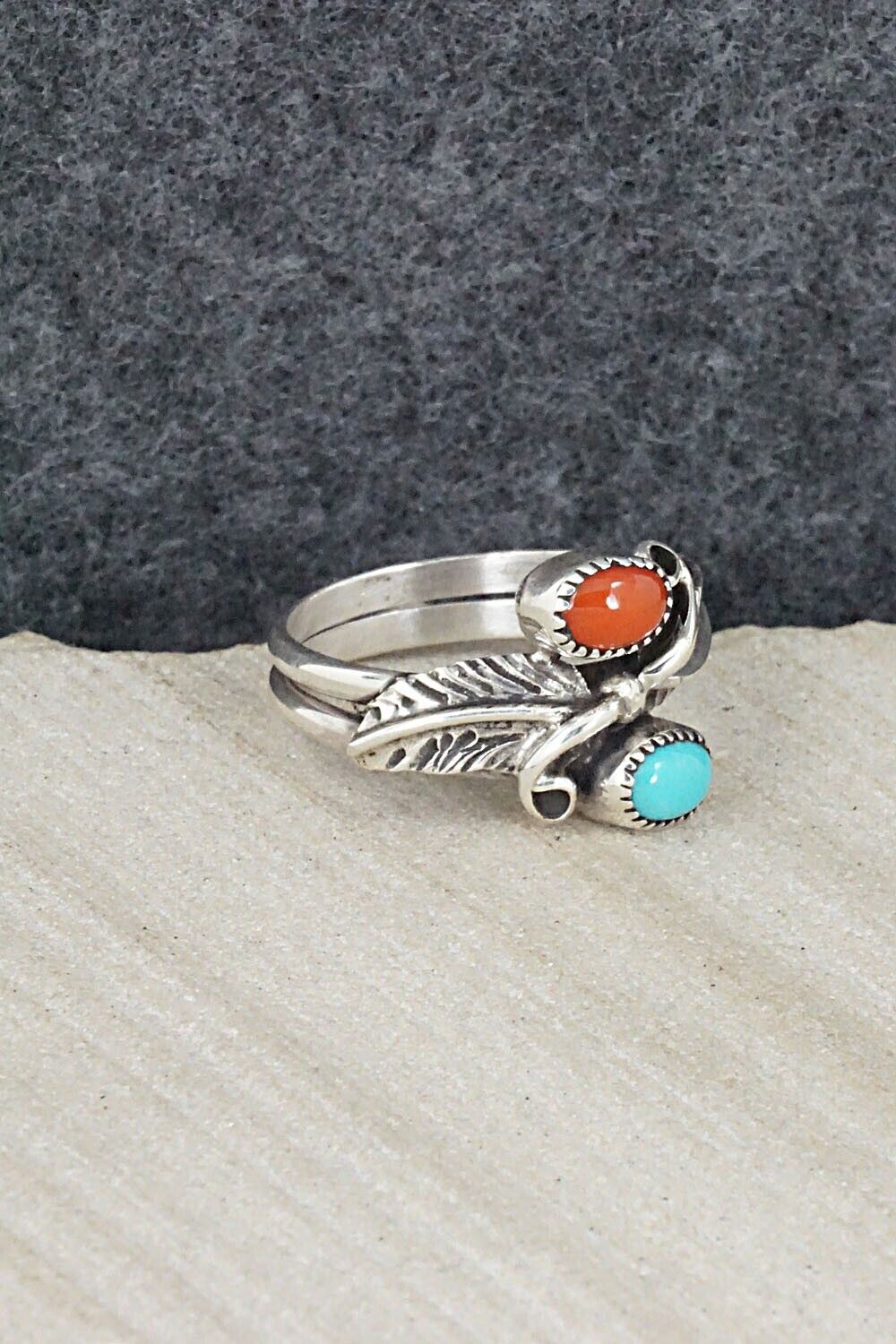 Turquoise, Coral & Sterling Silver Ring - Harry Yazzie - Size 6.5