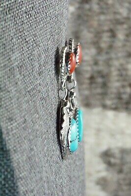 Turquoise, Coral & Sterling Silver Earrings - Roberta Begay
