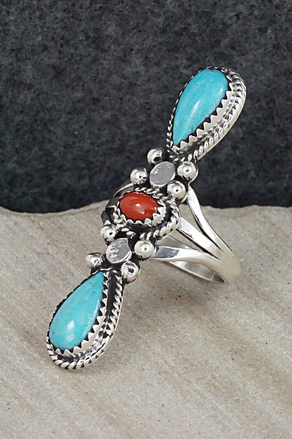Turquoise, Coral & Sterling Silver Ring - Andrew Vandever - Size 6.5