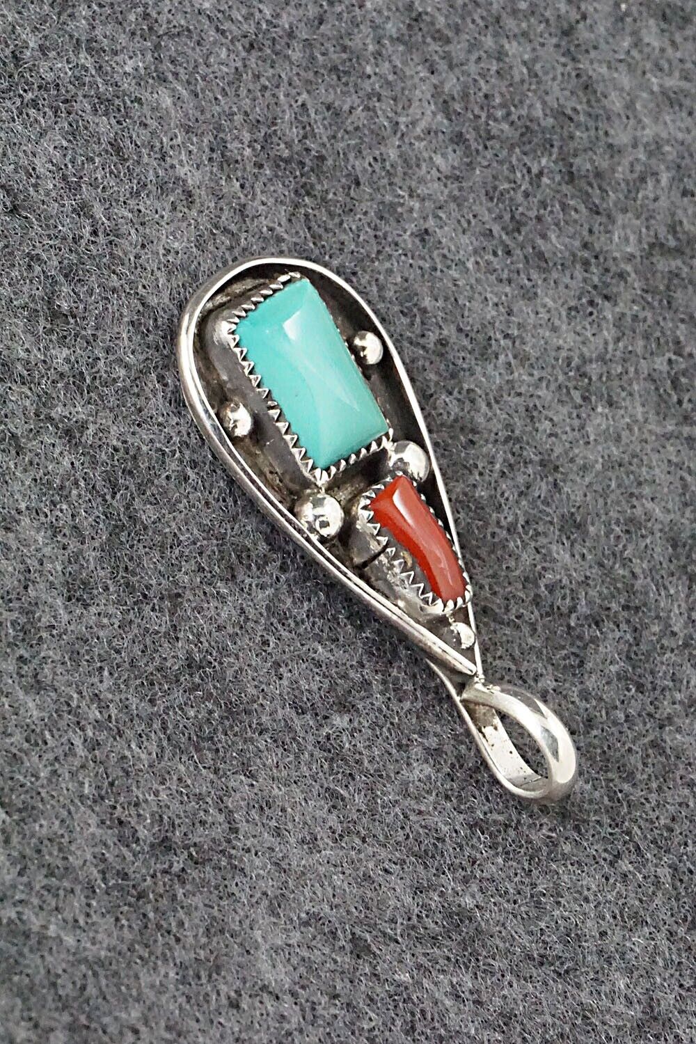 Turquoise, Coral & Sterling Silver Pendant - Priscilla Reeder