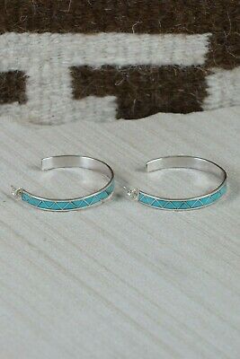 Zuni Turquoise & Sterling Silver Hoop Earrings - Claudine Haloo - High Lonesome Trading