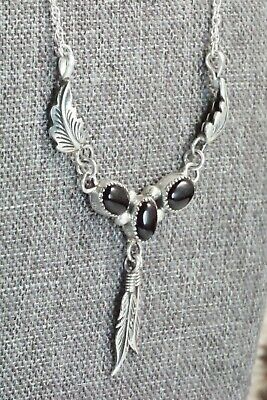 Onyx & Sterling Silver Feather Necklace - Navajo