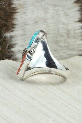 Turquoise, Coral & Sterling Silver Ring - Lyolita Tsattie - Size 8