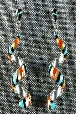 Zuni Multi Stone Inlay & Sterling Silver Spiral Earrings - Idelia Edaakie - High Lonesome Trading