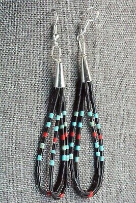 Turquoise, Coral, Jet & Sterling Silver Earrings - Esquipula Tenorio