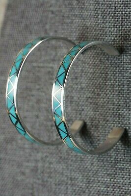 Zuni Turquoise & Sterling Silver Hoop Earrings - Claudine Haloo - High Lonesome Trading