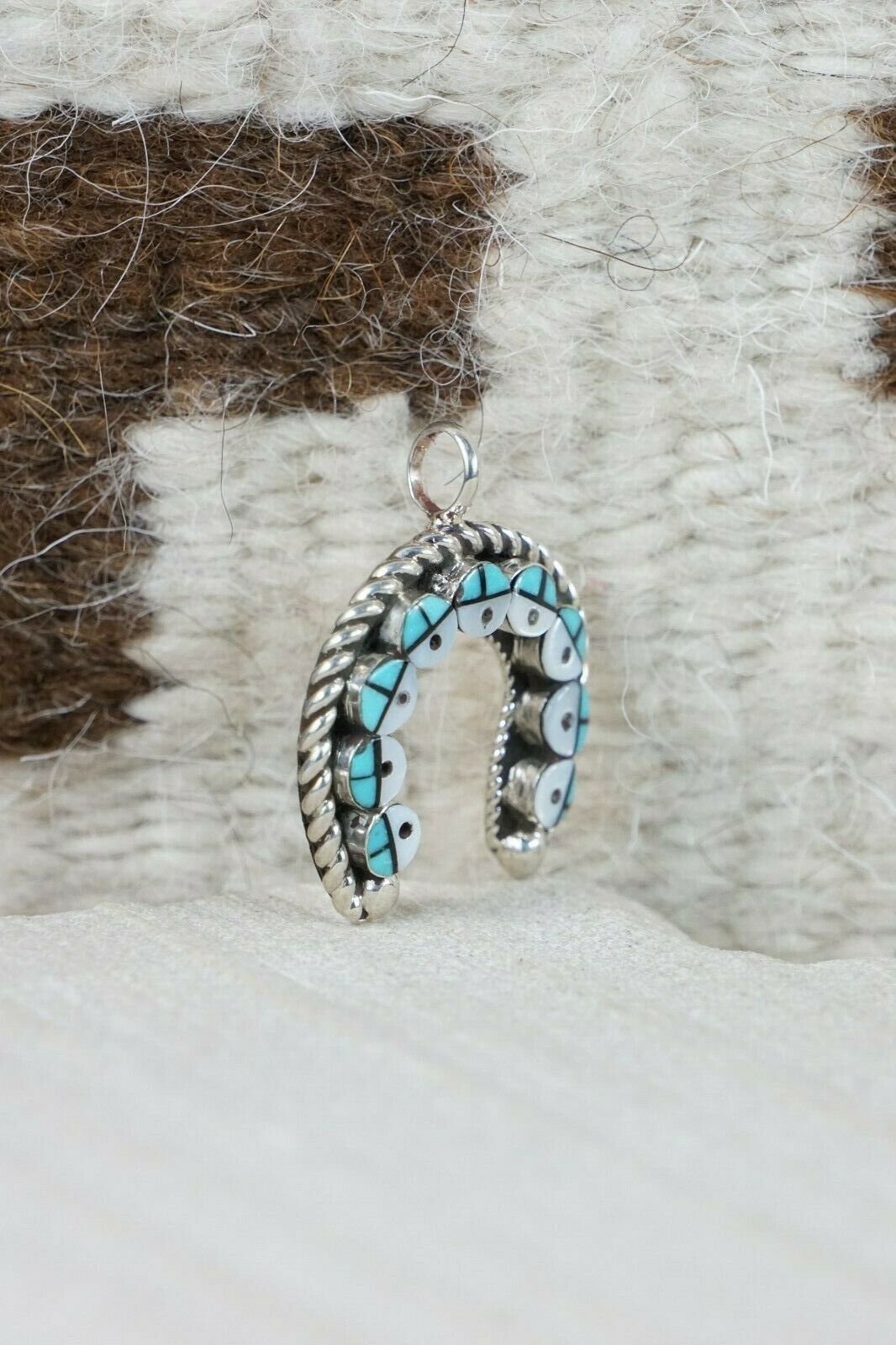 Zuni Turquoise & Mother of Pearl Sterling Silver Sunface Pendant - Janice Lalio - High Lonesome Trading