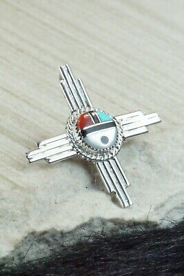 Turquoise, Coral & Sterling Silver Sun Face Pendant/ Pin - Elvira Kiyite
