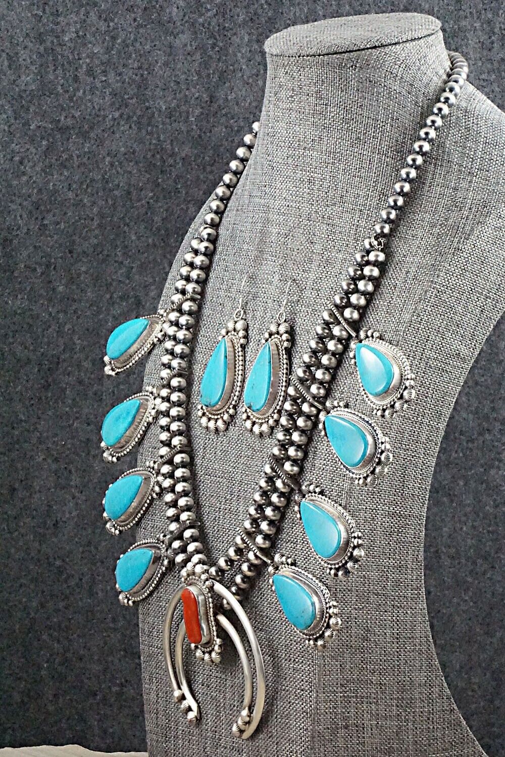 Turquoise, Coral & Sterling Silver Squash Blossom Set - Tom Lewis