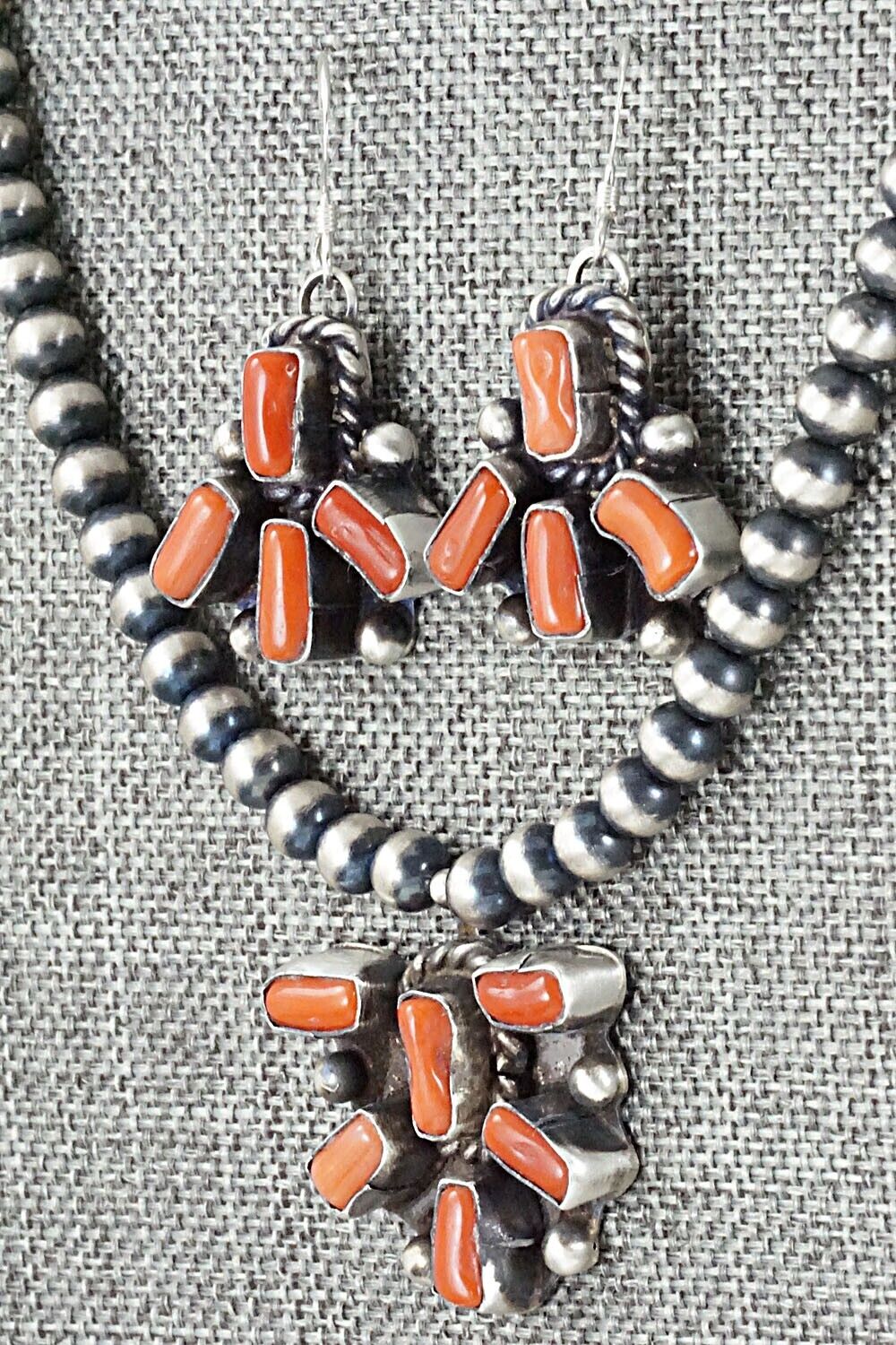 Coral & Sterling Silver Necklace and Earrings Set - Wilson Dawes