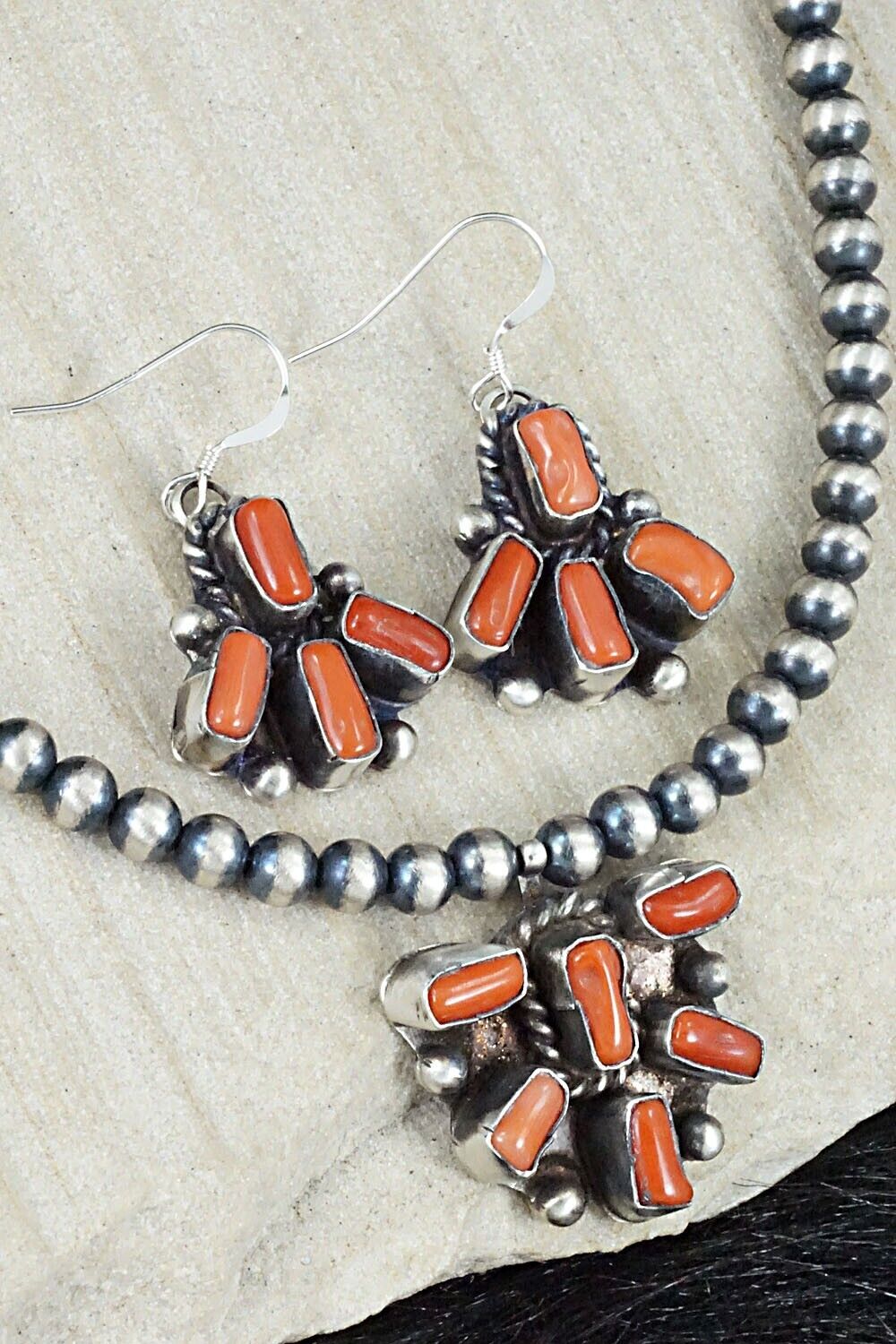 Coral & Sterling Silver Necklace and Earrings Set - Wilson Dawes