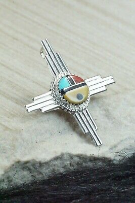 Turquoise, Coral & Sterling Silver Sun Face Pendant/ Pin - Elvira Kiyite