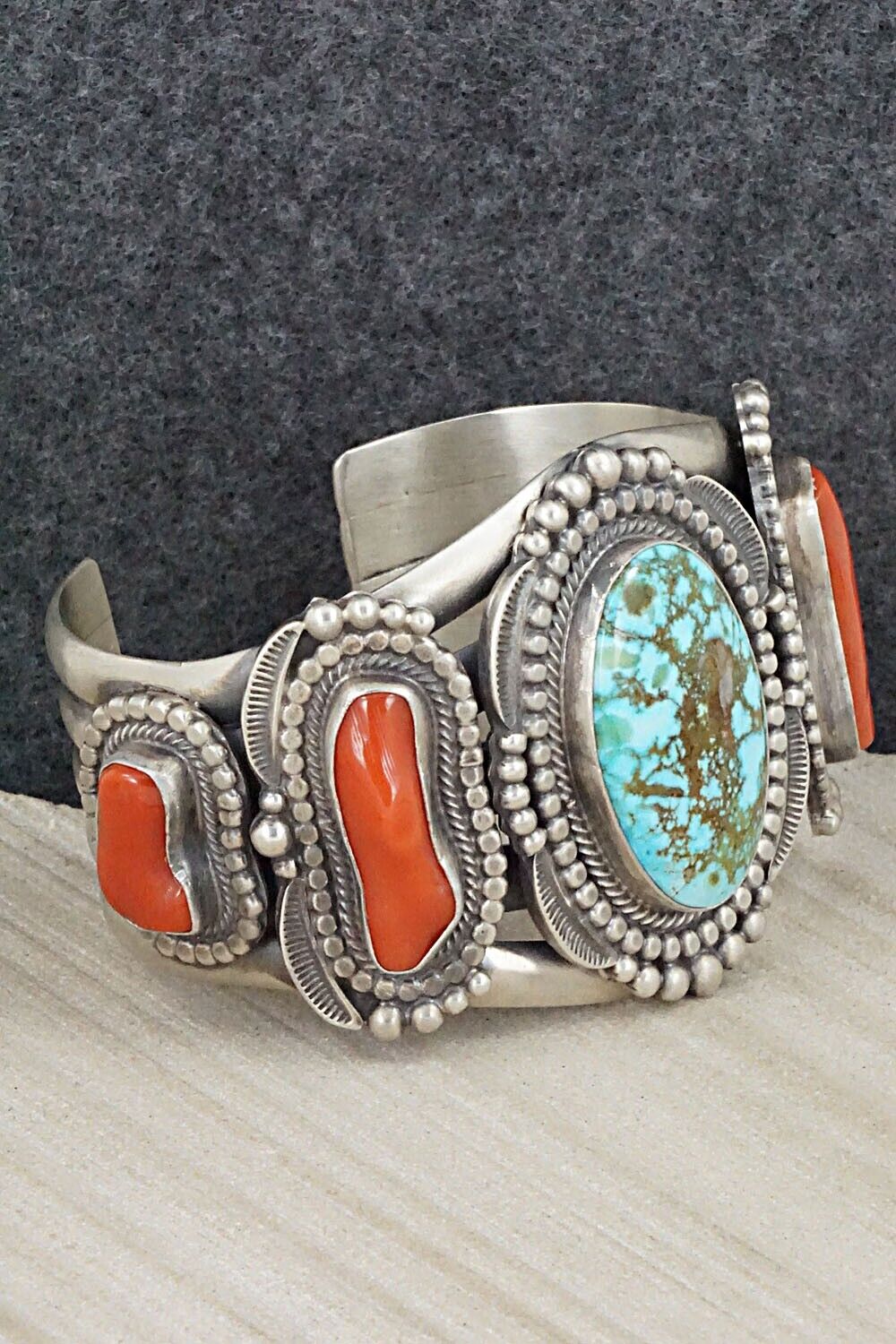 Turquoise, Coral and Sterling Silver Bracelet - Tom Lewis
