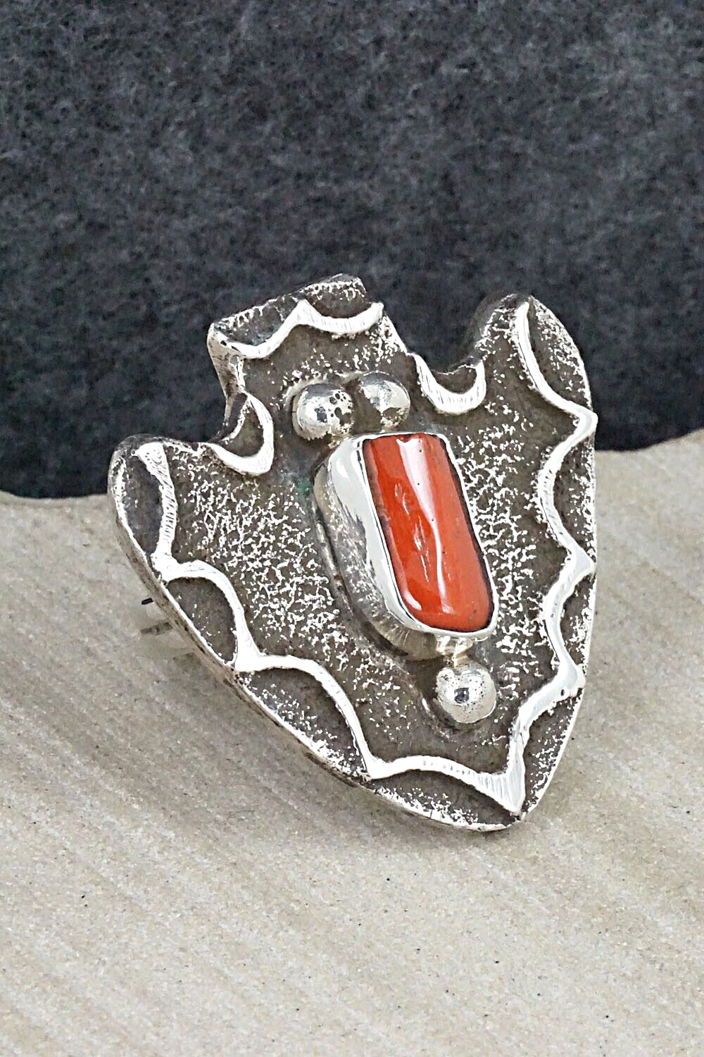 Coral & Sterling Silver Ring - Delbert Arviso - Size 8