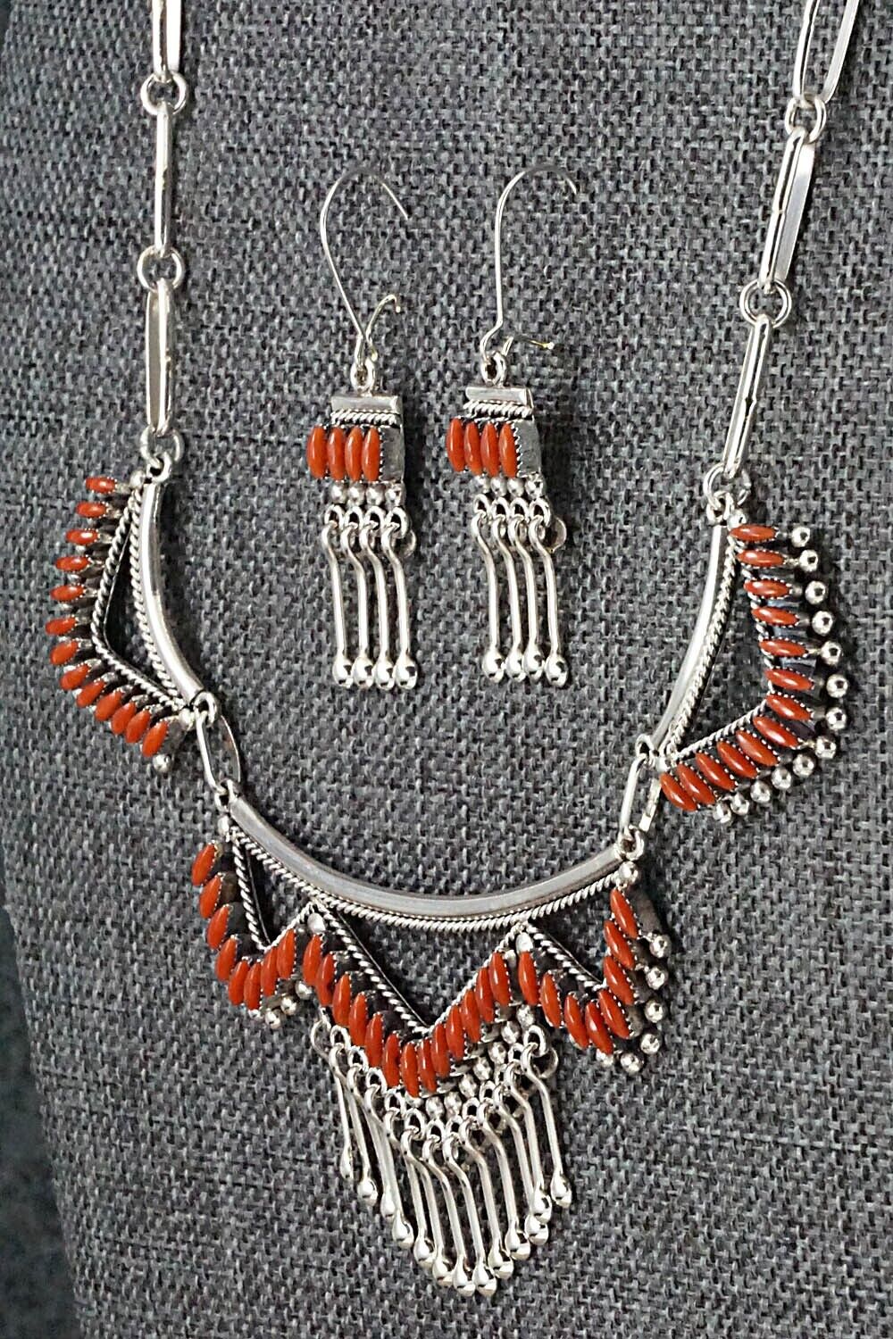 Coral & Sterling Silver Necklace and Earrings Set - Stewart Nakatewa