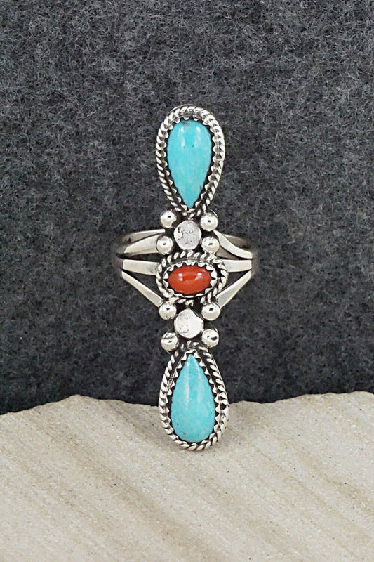 Turquoise, Coral & Sterling Silver Ring - Andrew Vandever - Size 6.5
